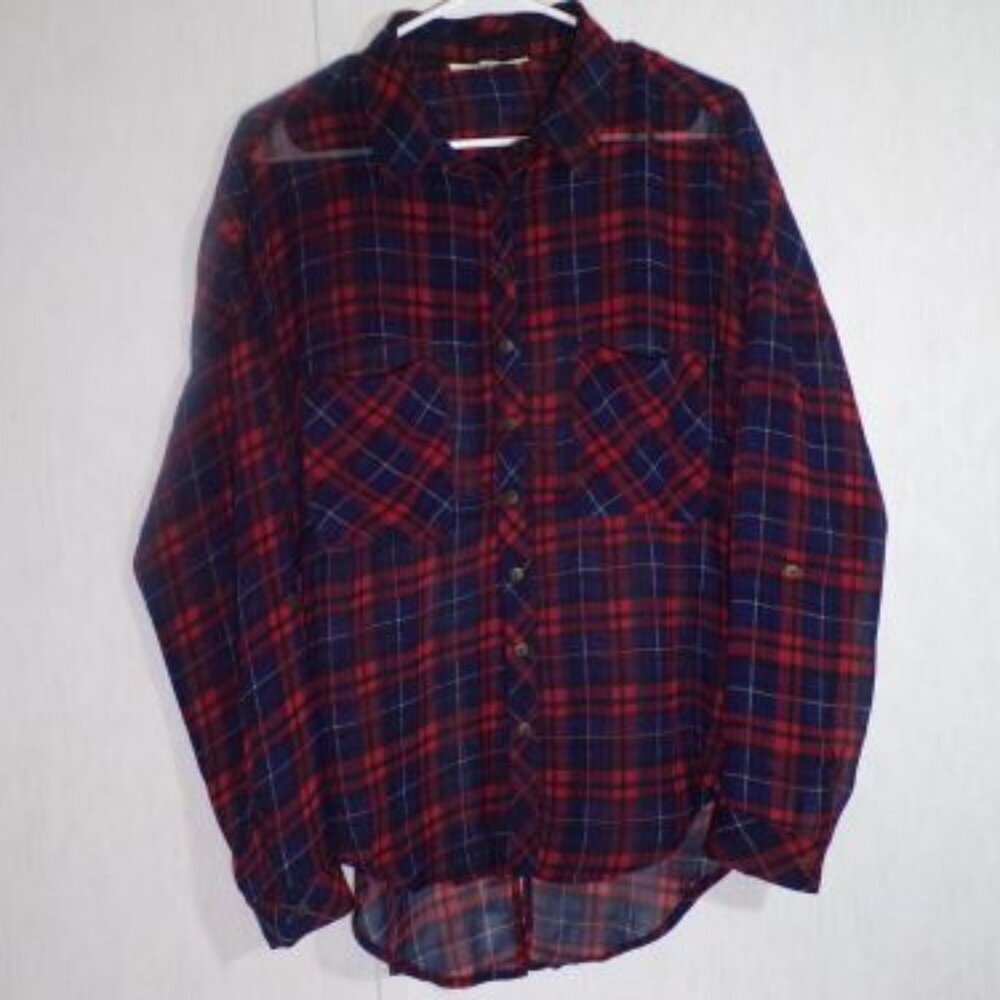 Mi Ami Womens Button Up Top Size L Red Plaid Roll Tab Sleeves Split Back Sheer